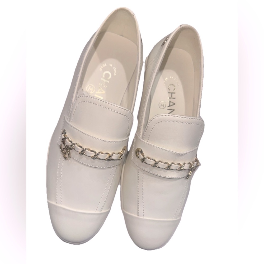 Chanel White Leather Loafers with Gold Chain ⛓️‍💥 (Customized)